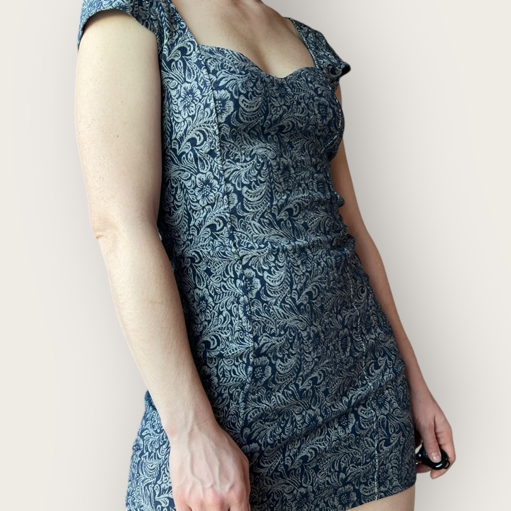 Free People Blue Paisley Style Mini Bodycon Dress Open Back Size Small